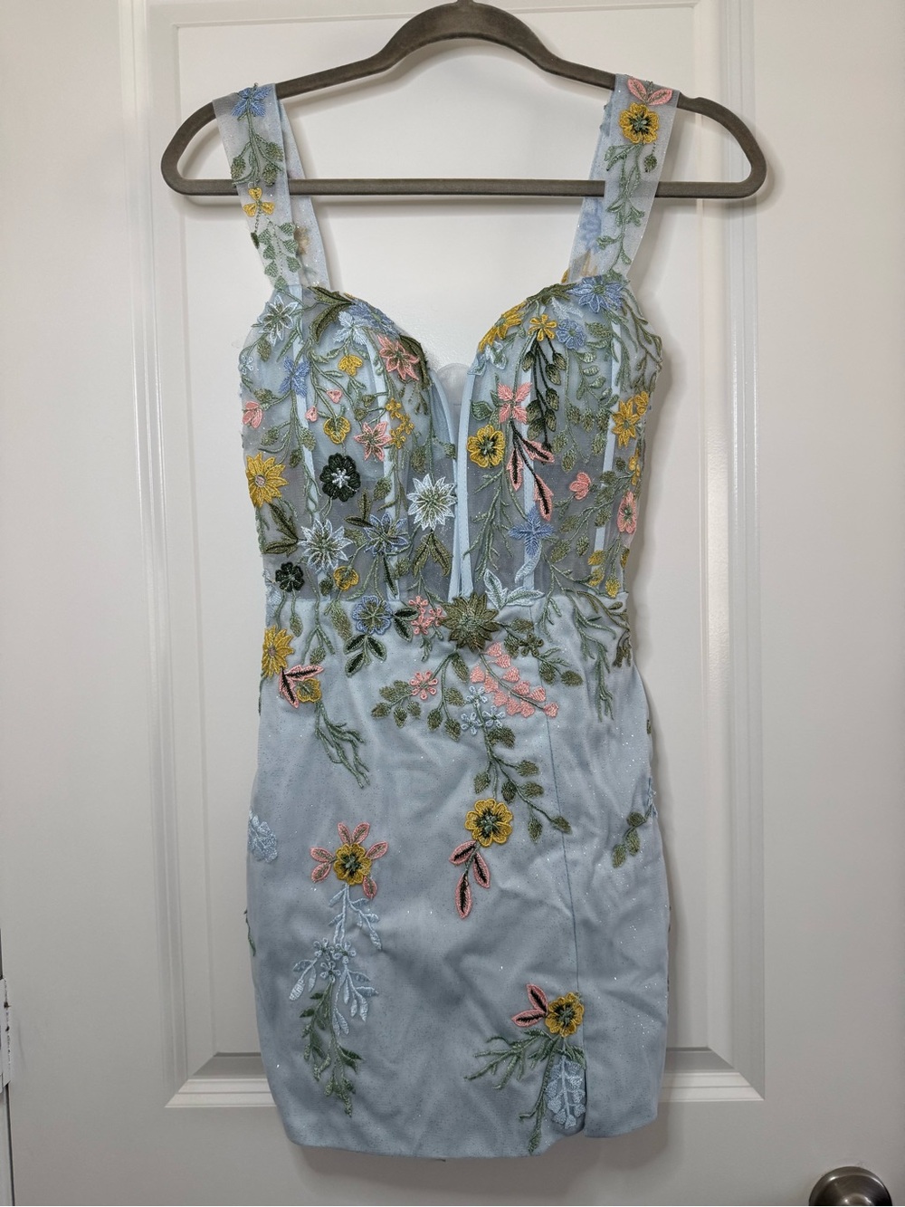 Light Blue Floral Embroidered Mini Dress